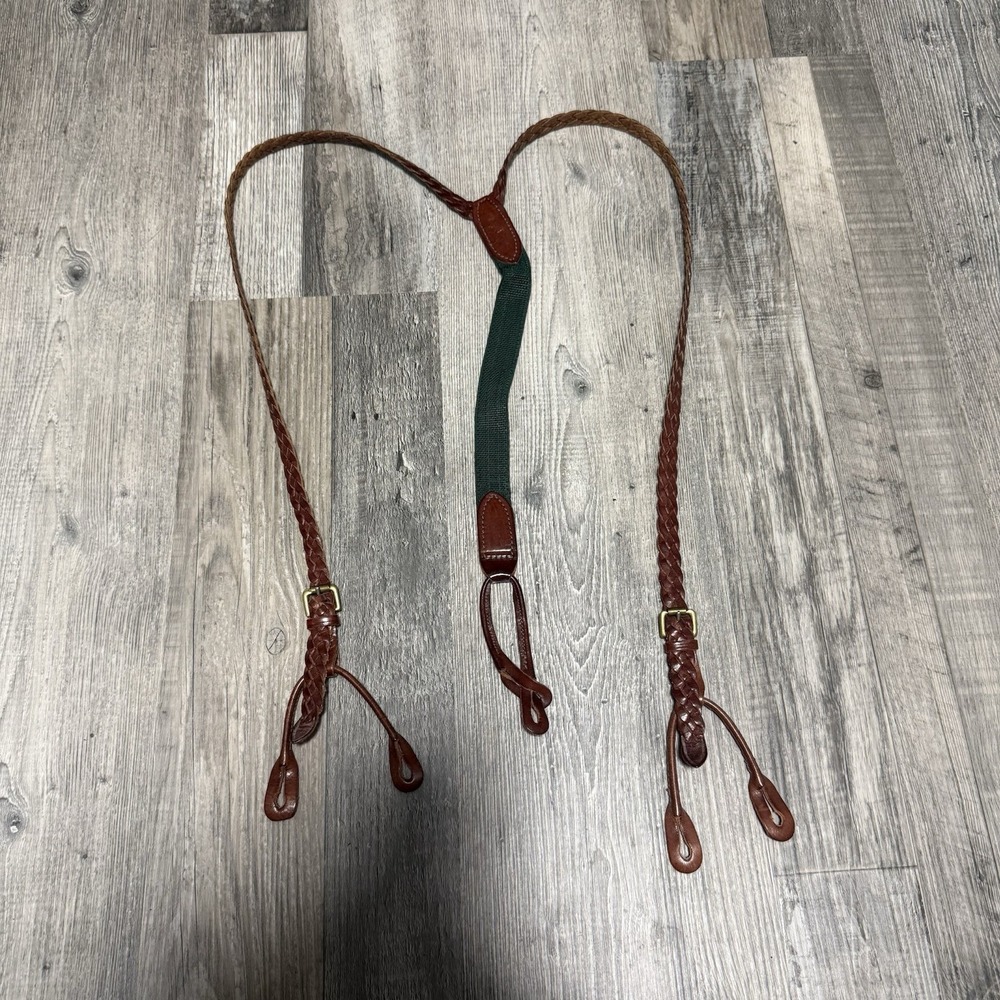 VTG Polo Ralph Lauren 90s Leather Grain Braided Suspenders Brass Buckle Green